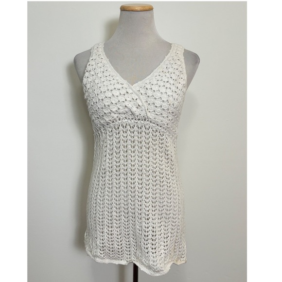 Cato Tops - Cato Womens Babydoll Crochet Knit Tank Top M White Ramie Cotton Boho Festival
